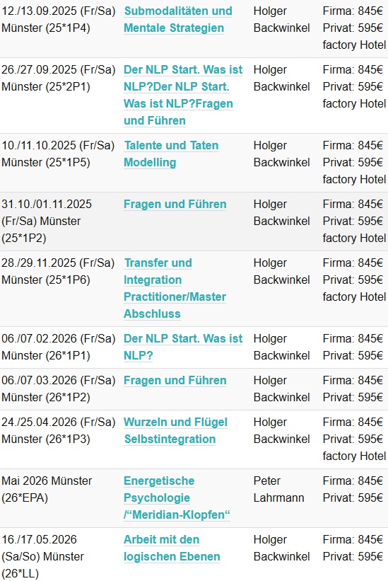 NLP Ausbildung Termine 2025 und 2026